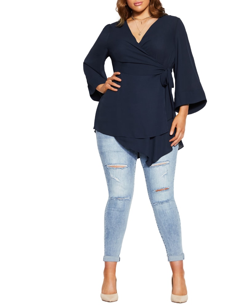 Front of a model wearing a plus size TOP SHIBARA VIBES in Navy by City Chic. | dia_product_style_image_id:252397